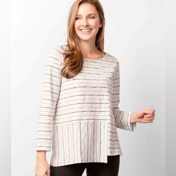 HABITAT CLOTHES SIERRA PULLOVER Beige and Black Stripe Cotton Asymmetrical Top - Picture 1 of 8